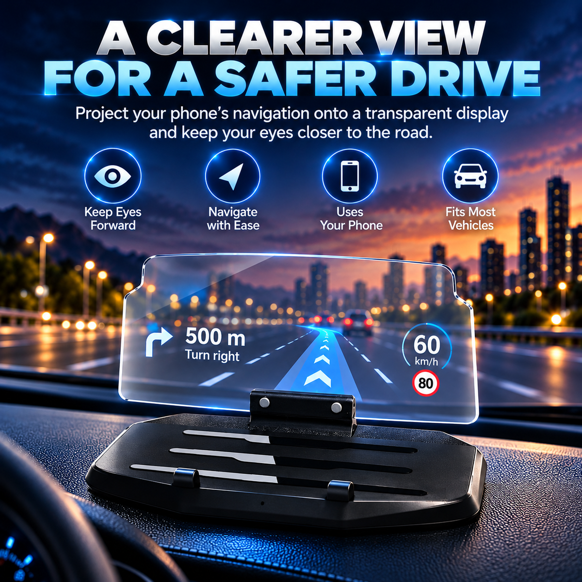 đ ăSmart In-Car HUD Co-PilotăWorks on Sedans, SUVs, Pickups, RVs, and More!