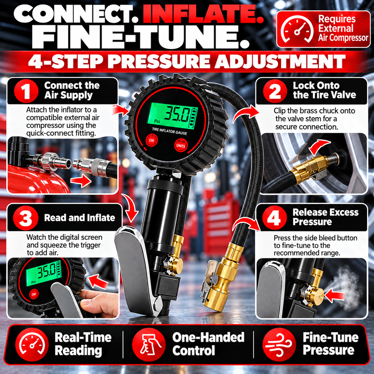 🔧 200 PSI Digital Tire Inflator Gauge – 3-in-1 Air Chuck, Pressure Gauge & Air Bleeder🚗