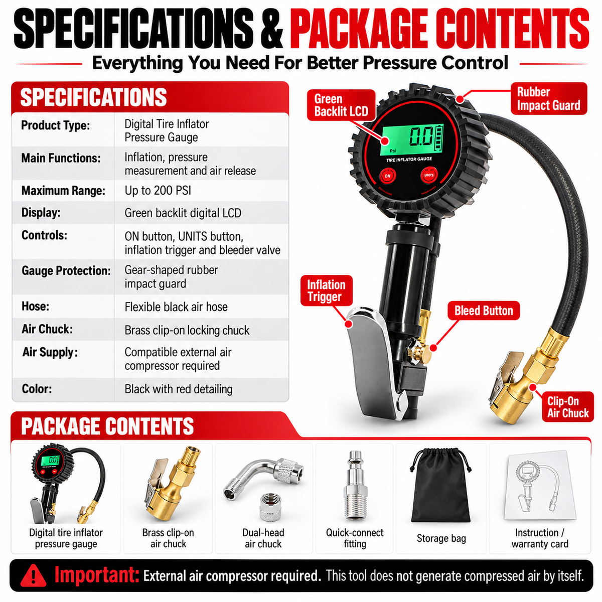 🔧 200 PSI Digital Tire Inflator Gauge – 3-in-1 Air Chuck, Pressure Gauge & Air Bleeder🚗