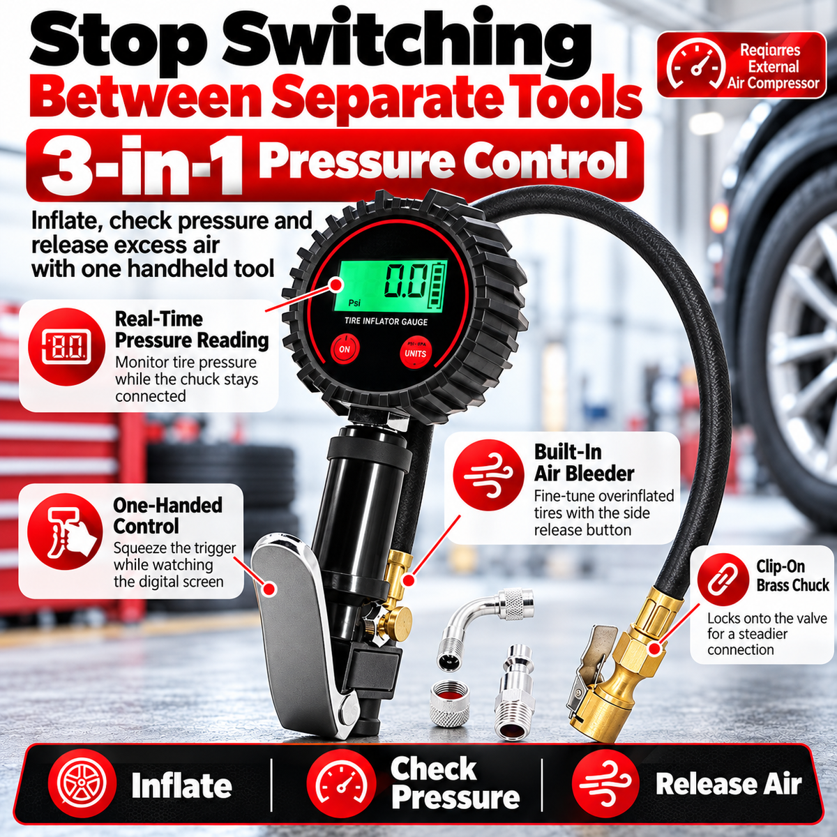 🔧 200 PSI Digital Tire Inflator Gauge – 3-in-1 Air Chuck, Pressure Gauge & Air Bleeder🚗