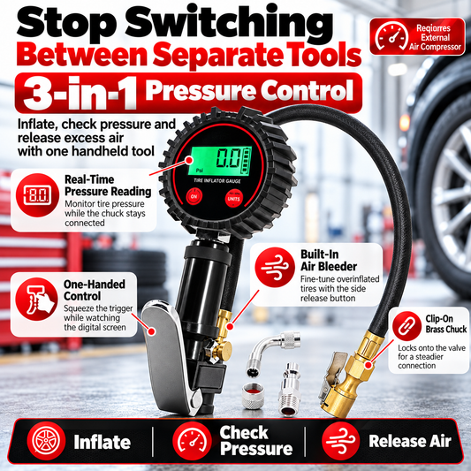 🔧 200 PSI Digital Tire Inflator Gauge – 3-in-1 Air Chuck, Pressure Gauge & Air Bleeder🚗