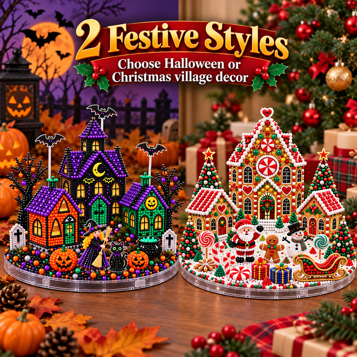 🎄🎃 3D DIY Diamond Art Village Kit – Christmas & Halloween Craft Decor
