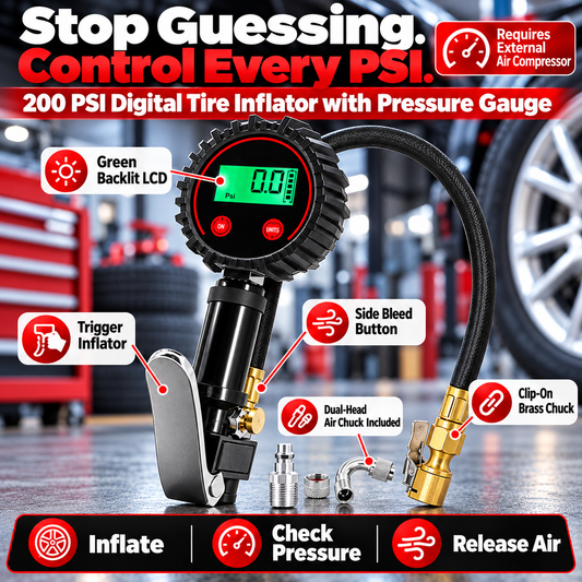 🔧 200 PSI Digital Tire Inflator Gauge – 3-in-1 Air Chuck, Pressure Gauge & Air Bleeder🚗