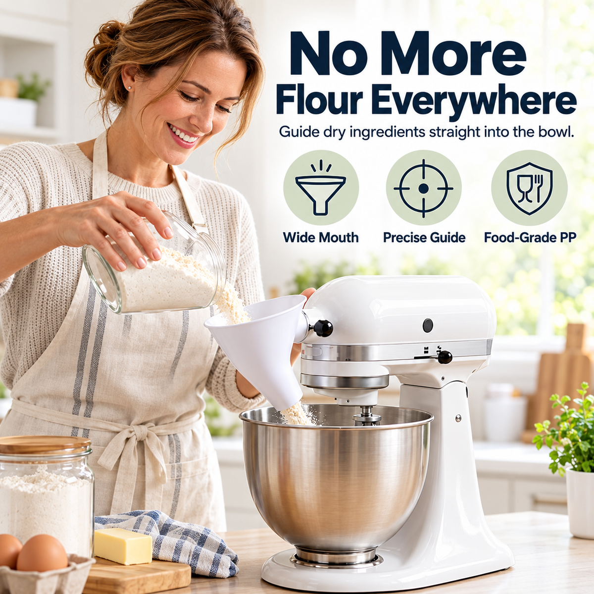 🥣 No-Mess Mixer Funnel – Wide-Mouth Ingredient Guide for Cleaner Baking