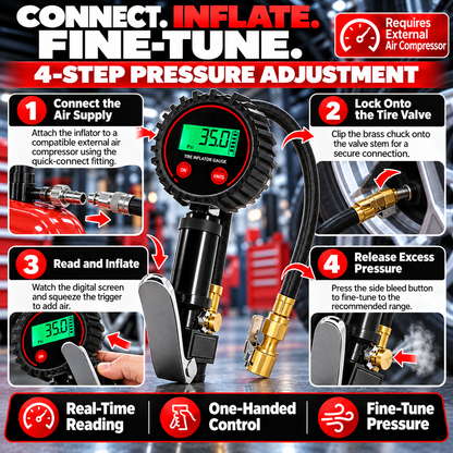 🔧 200 PSI Digital Tire Inflator Gauge – 3-in-1 Air Chuck, Pressure Gauge & Air Bleeder🚗