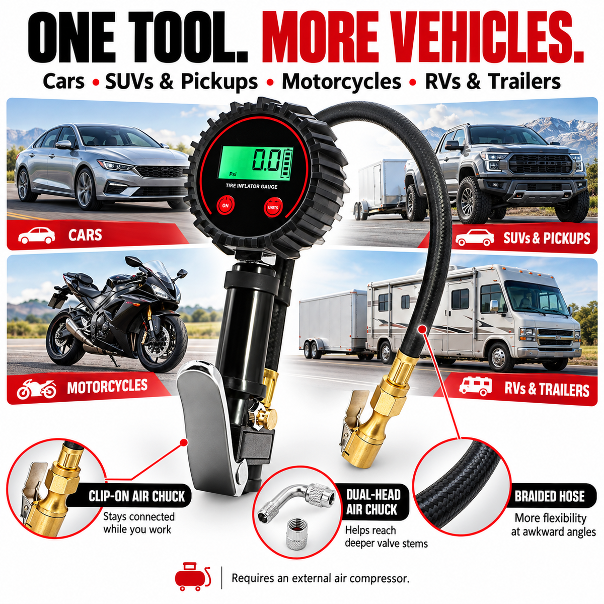 🔧 200 PSI Digital Tire Inflator Gauge – 3-in-1 Air Chuck, Pressure Gauge & Air Bleeder🚗